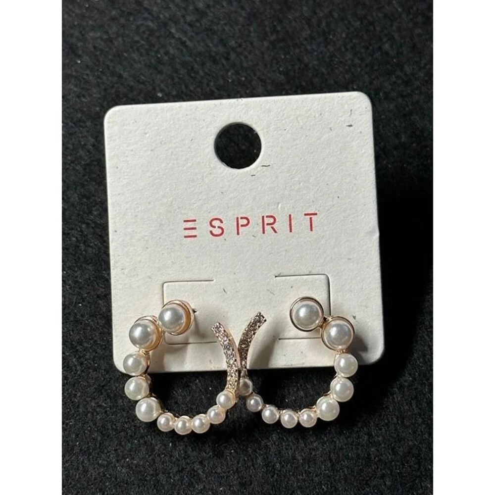 ESPRIT Gold Tone Pearl Rhinestone Hoop Earrings Crescent Style Boho New Pair